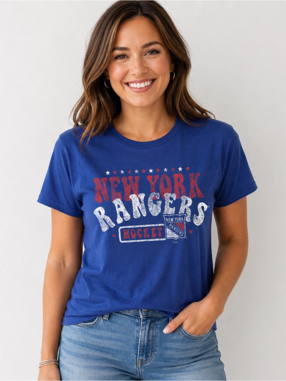NHL New York Rangers Royal Blue Tee with Red & White Graphics Women’s Size L 🆕